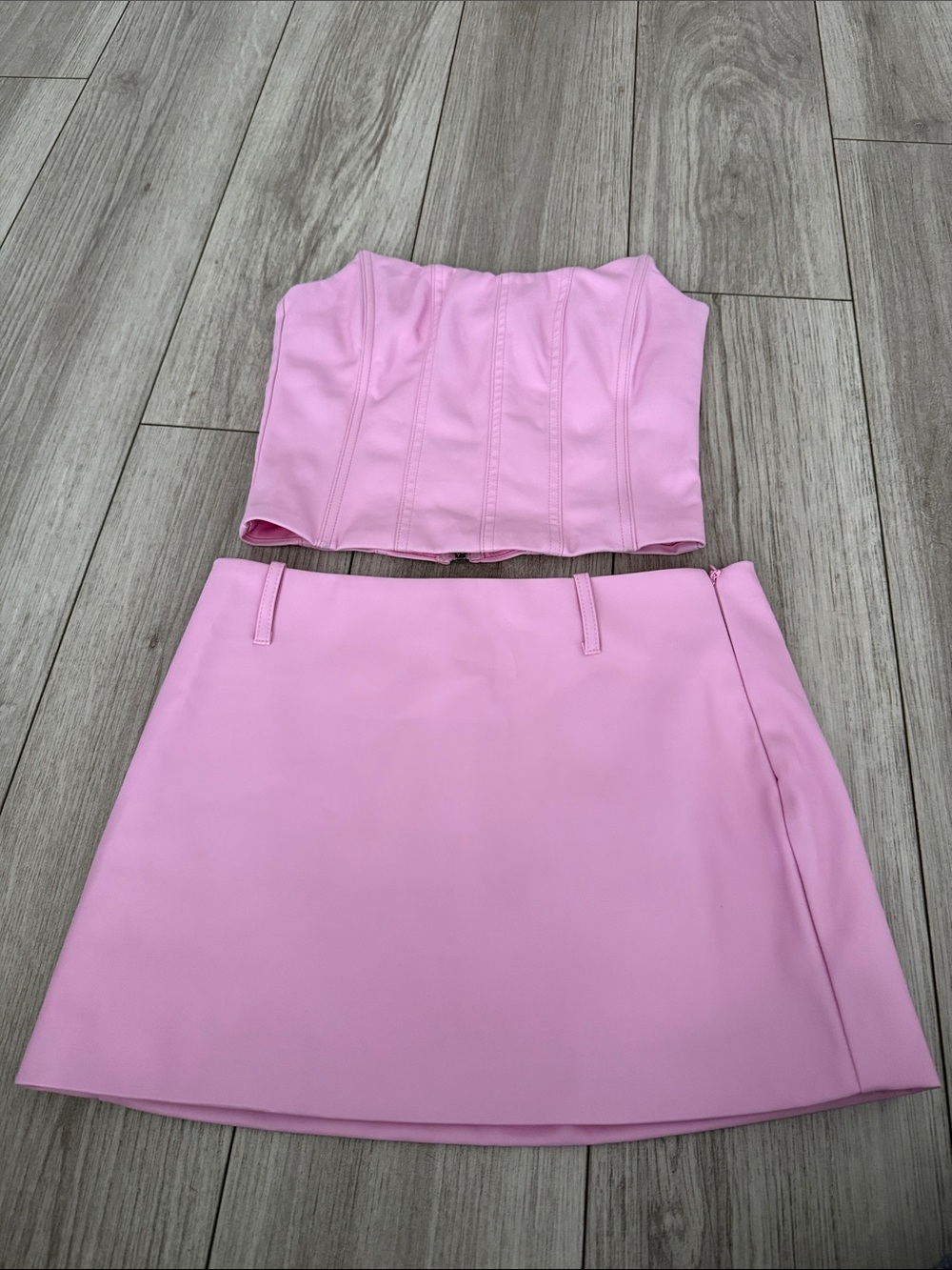 Tiger Mist Bubblegum Pink Strapless Corset Top&Mini Skirt Faux leather Set Small